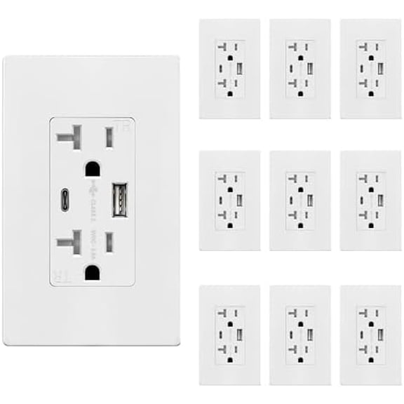 Outlet, Type C  Wall Outlet, 20 Amp Tamper-Resistant Receptacle Plug,  Receptacle with 2 Ports, Wall Plate Included, , TU22036AC-W-10PCS, White, 10