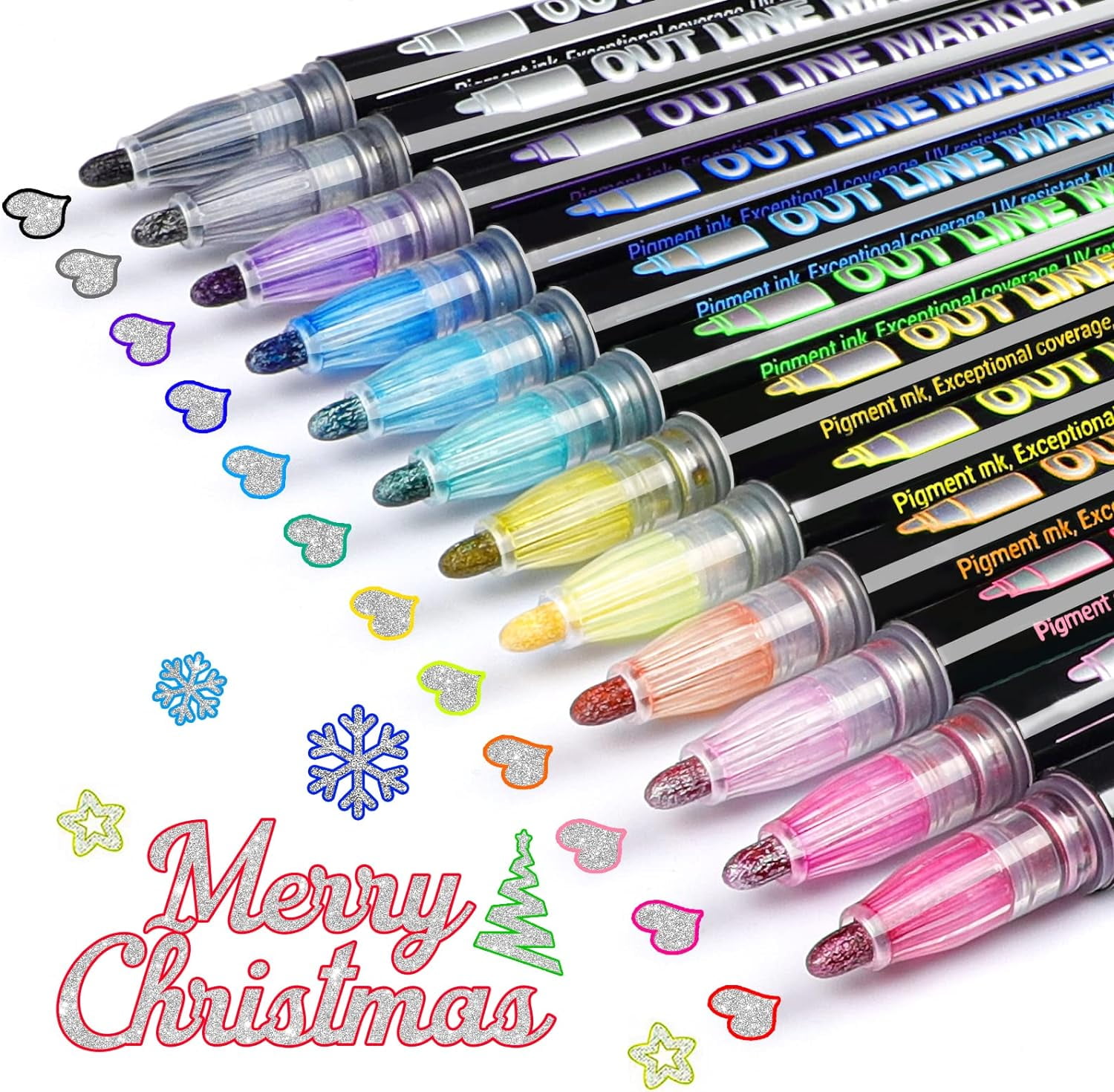 TEVILIK Double Line Outline Pens, 24 Colors Shimmer Markers, Self-Outline  Metallic Markers Glitter Writing Drawing Pens for Scrapbooking, Doodling