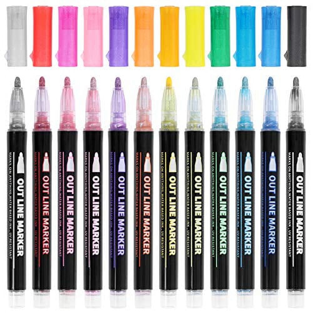 Outline Metallic Markers, Doodle Glitter Markers for Kids, Super Squiggles  Colored Pens for Writing Journal & Drawing, Paint Markers for DIY Gift  Cards, Rock Painting & Art Supplies (Set of 12) 