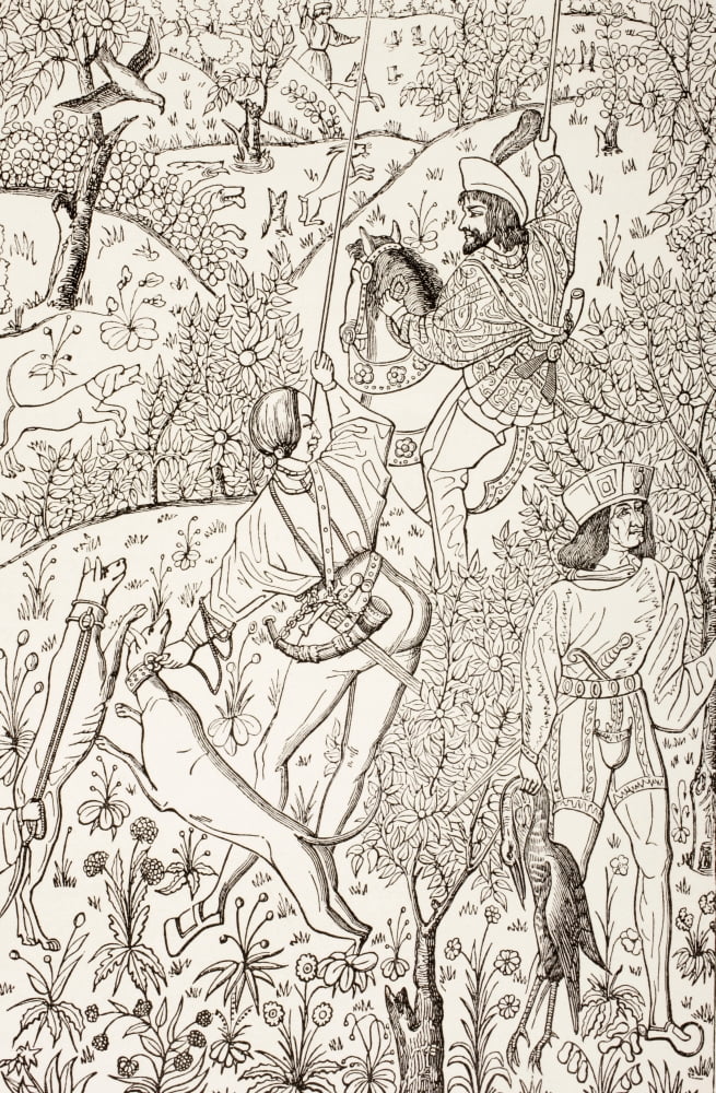 Outline Of A 15Th Century Hunting Tapestry From Les Artes Au Moyen Age Published Paris 1873 Canvas Art - Ken Welsh  Design Pics (11 x 18)