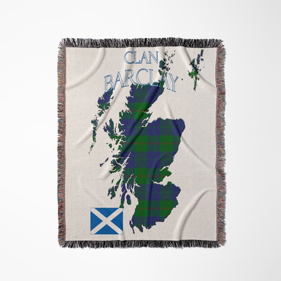 Outline Of Scotland With The Barclay Hunting Clan Family Tartan., Woven Blanket