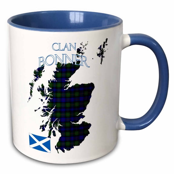 3drose, Outline of Scotland with the Bonner Clan Family Tartan., 11oz Two-tone Blue Mug