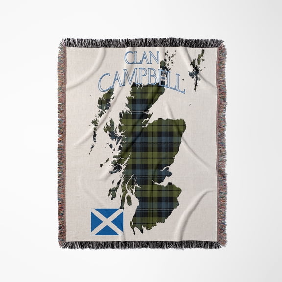 Outline Of Scotland With The Campbell Clan Family Tartan., Woven Blanket
