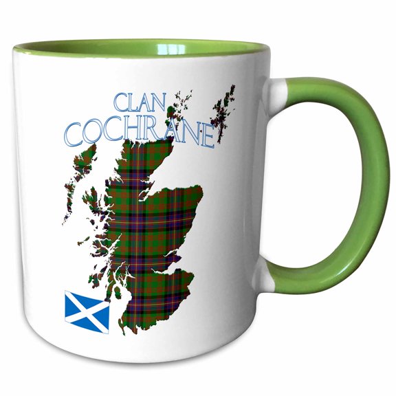 3drose, Outline of Scotland with the Cochrane Clan Family Tartan., 15oz Two-tone Green Mug