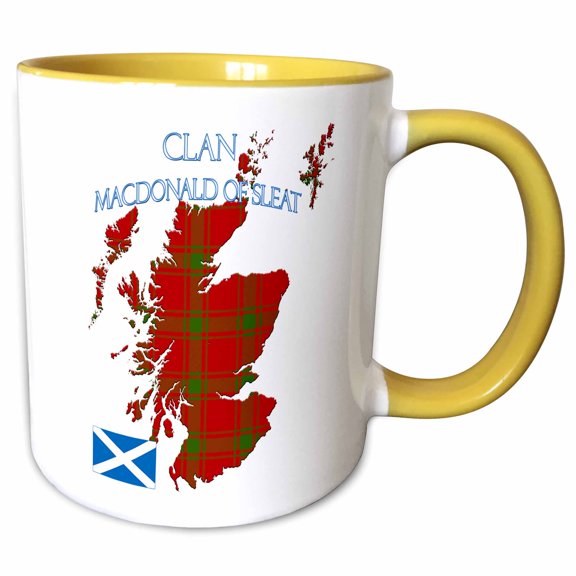3drose, Outline of Scotland with the Macdonald of Sleat Clan Family Tartan., 15oz Two-tone Yellow Mug