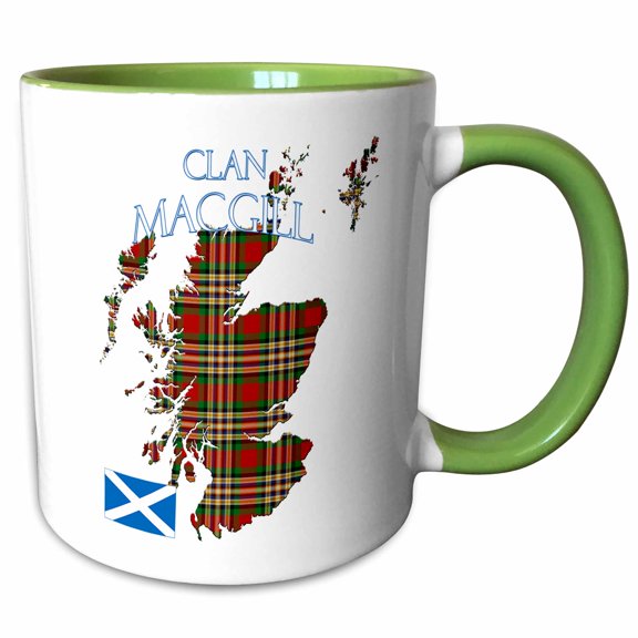 3drose, Outline of Scotland with the Macgill Clan Family Tartan., 15oz Two-tone Green Mug