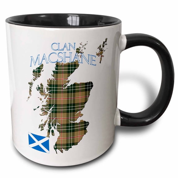 3drose, Outline of Scotland with the Macshane Clan Family Tartan., 11oz Two-tone Black Mug
