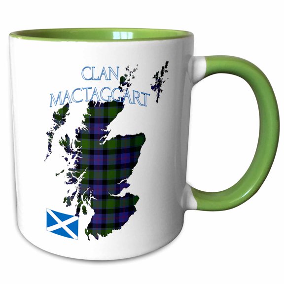 3drose, Outline of Scotland with the Mactaggart Clan Family Tartan., 15oz Two-tone Green Mug