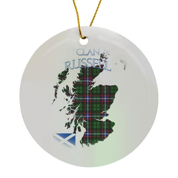 3drose, Outline of Scotland with the Russell Clan Family Tartan., Circle Porcelain Ornament