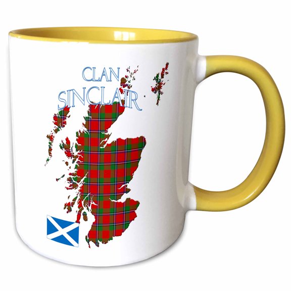 3drose, Outline of Scotland with the Sinclair Clan Family Tartan., 11oz Two-tone Yellow Mug