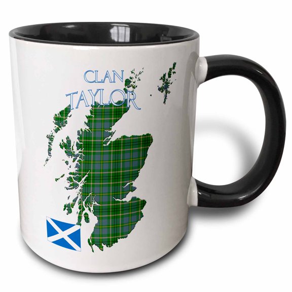 3drose, Outline of Scotland with the Taylor Clan Family Tartan., 11oz Two-tone Black Mug