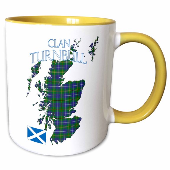 3drose, Outline of Scotland with the Turnbull Hunting Clan Family Tartan., 15oz Two-tone Yellow Mug