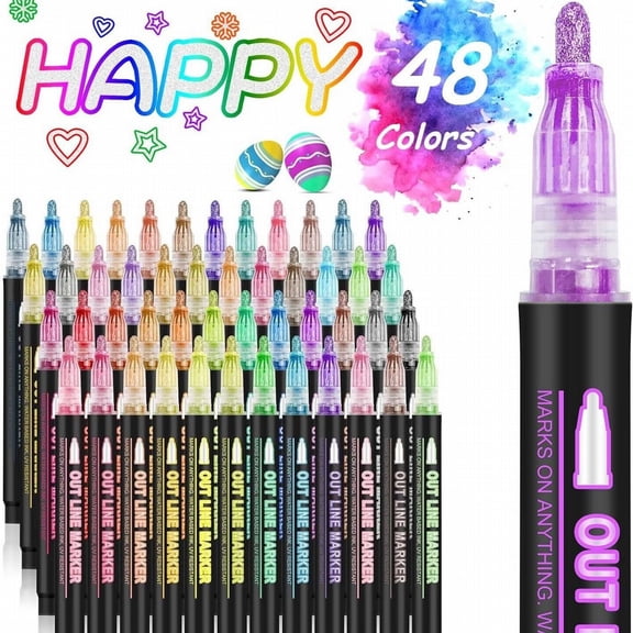 Outline Pens for Drawing, 48 Colors Double Line Markers, Shimmer Outline Markers, Metallic Outline Pens, Glitter Writing Pens, Highlight Marker Pens, Self Outline Markers, Drawing Marker Set