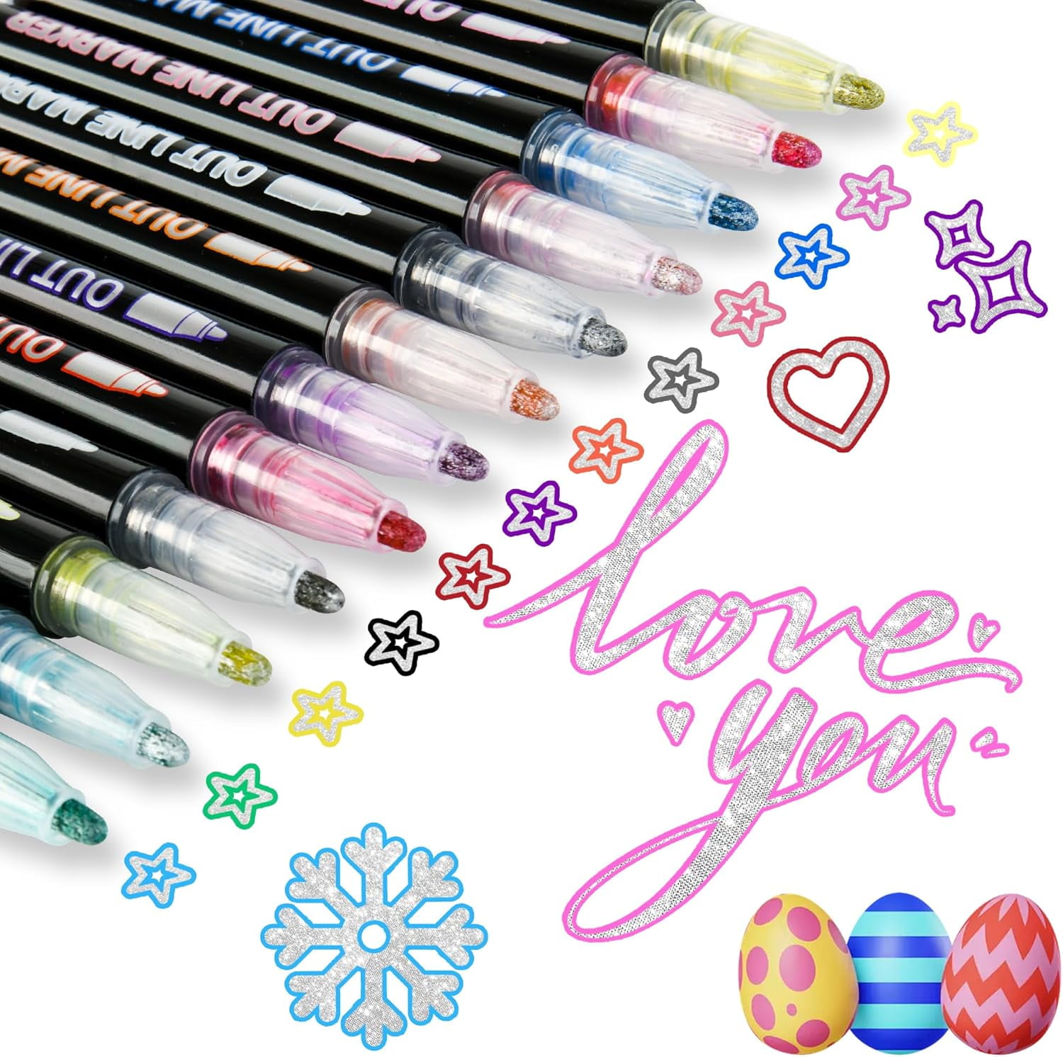 Outline Pens Metallic,  12/24 Colors Dreamy Sparkle Dual-Line Contour Pen, for Scrapbook Crafts, Doodling, DIY Art on Metal, Ceramic & Easter Eggs