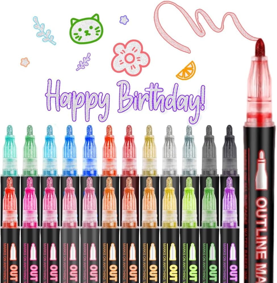 Outline Pens Metallic, Double Line Outline Art Pen Marker Pen, Dreamy Sparkle Dual-Line Contour Pen for Greeting Cards & Crafts, And Doodling