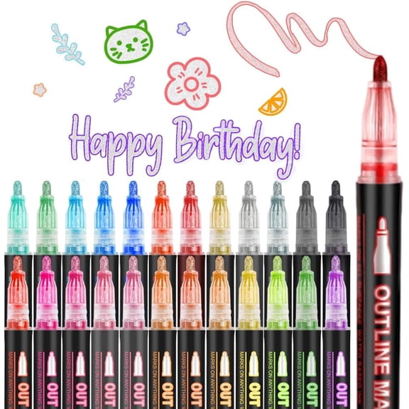 Outline Pens Metallic, Double Line Outline Art Pen Marker Pen, Dreamy Sparkle Dual-Line Contour Pen for Greeting Cards & Crafts, And Doodling