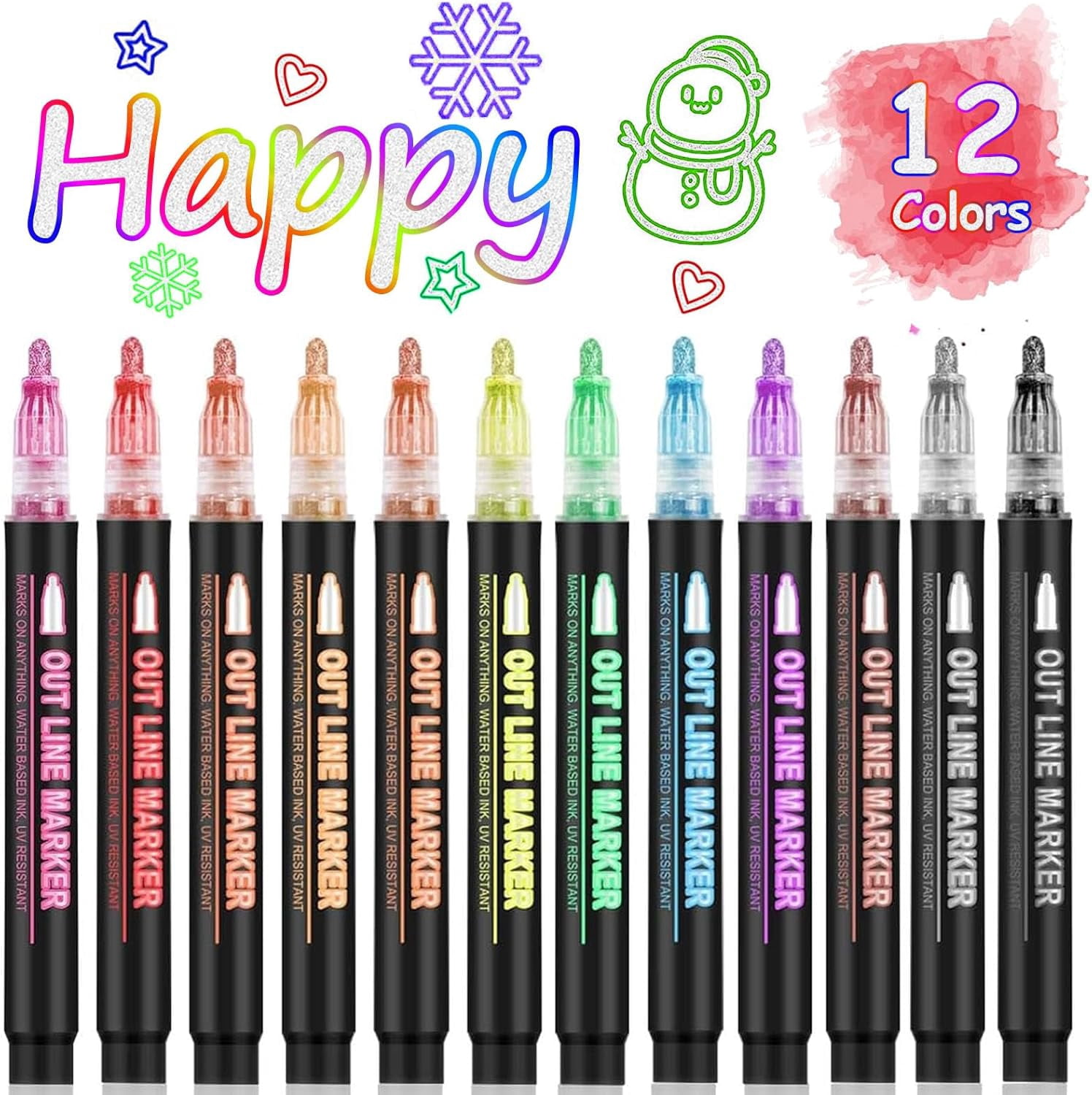 Outline Shimmer Markers, 12/24 Colors Double Line Self-Outline Glitter Markers with Metallic Ink for Greeting Cards, DIY Art, Scrapbooking & Craft Projects