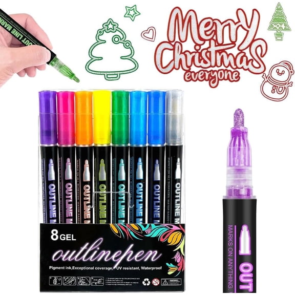 Outline Shimmer Markers, 24 Colors Double Line Self-Outline Metallic Glitter Pens, Super Squiggles Glitter Marker Set for Card Making & Scrapbook Crafts