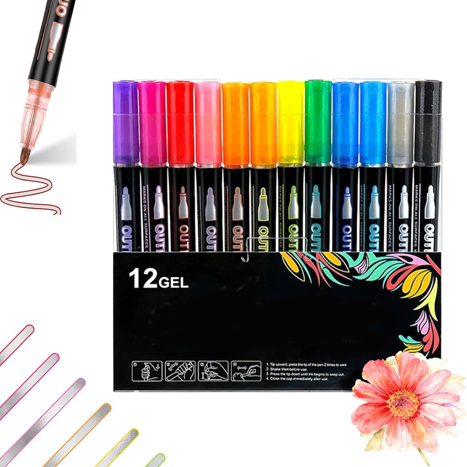 Outline Shimmer Markers 48, Outline Shimmering Markers, Colors Double Line OutlineArt Pen Marker Pen, Glitter Self-Outline Metallic Marker, for Greeting Cards & Crafts (12color)