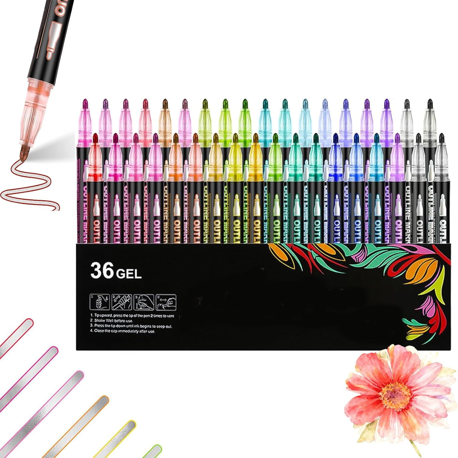 Outline Shimmer Markers 48, Outline Shimmering Markers, Colors Double Line OutlineArt Pen Marker Pen, Glitter Self-Outline Metallic Marker, for Greeting Cards & Crafts (36color)
