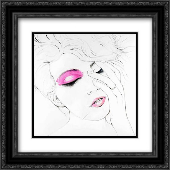 Outline of Female Portrait in Pink 2x Matted 20x20 Black Ornate Framed Art Print by Atelier B Art Studio