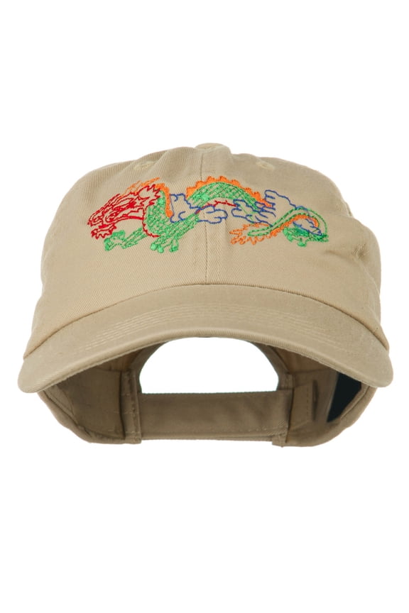 Outlined Dragon Embroidered Washed Cap - Khaki OSFM