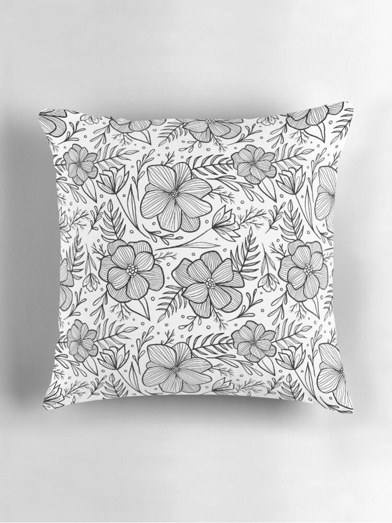Outlined Floral and Leaf Botanical Throw Pillow Cover, Double-Sided ...