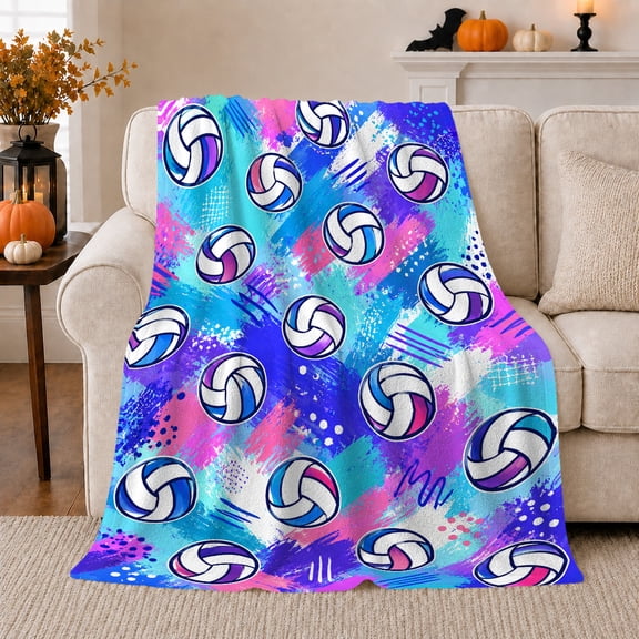 Outlined Volleyballs Over Vivid Abstract Paint Strokes, Soft Flannel Blanket with Vibrant Sports Graffiti Print, Housewarming Gift and Home Decor for Bedroom and Living Room
