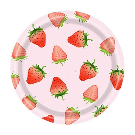 OutmaxHome 10 Pcs Strawberry Birthday Party Plates Supplies Summer Fruit Tableware Set Disposable Strawberry Theme Decoration for Girls 7"