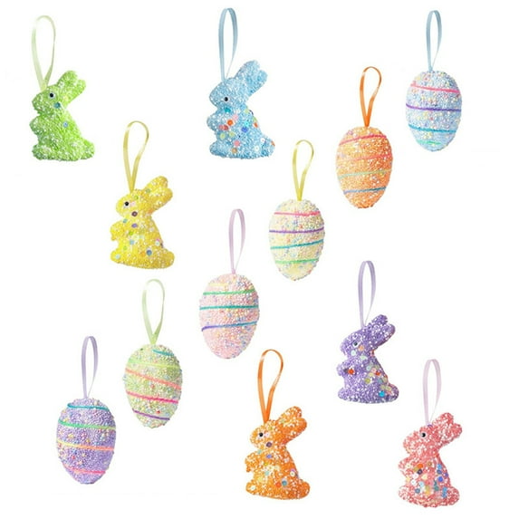 OutmaxHome 12 Pack Cute Easter Bunny Egg Plastic Ornaments Easter Indoor Outdoor Hanging Decorations Easter Gifts Toy for K*ids
