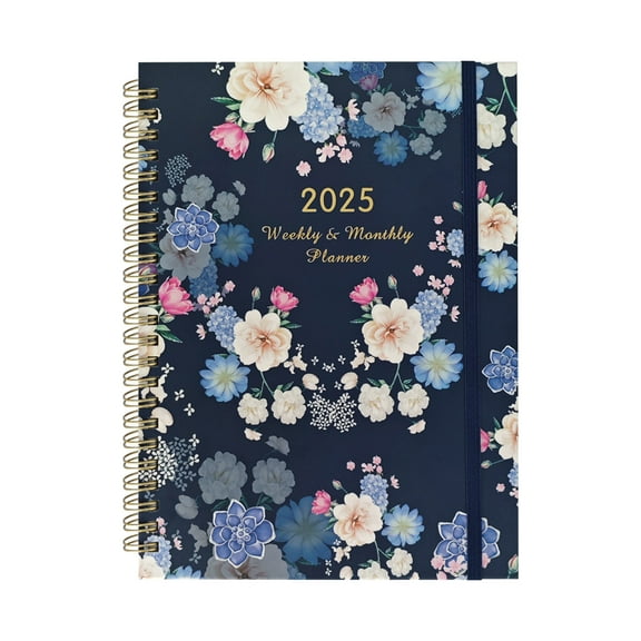 OutmaxHome 2025 A5 Planner Notebook – Spiral-Bound Weekly/Monthly Organizer, Lay-Flat Design & Inner Pocket – Floral Gold Accent