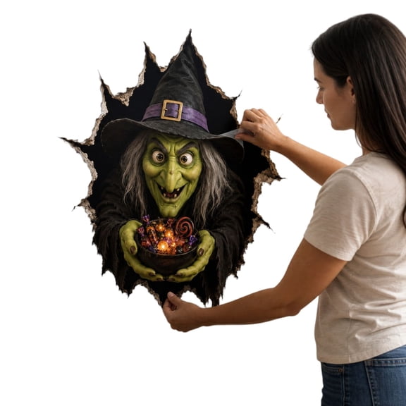 OutmaxHome 3D Break‑Through Wall Decal, Halloween Witch Cracked Wall Sticker, Realistic Rip Effect Self‑Adhesive Wall Art for Living Room, Bathroom, Door Halloween Party Home Decor
