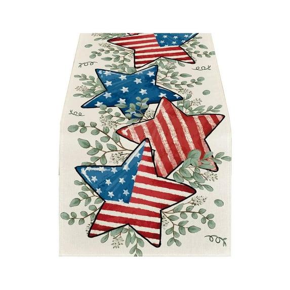 OutmaxHome 4th of July Table Runner, Patriotic Memorial Independence Day Decoration Linen Table Runners for Farmhouse Kitchen Dining Holiday Birthday Party