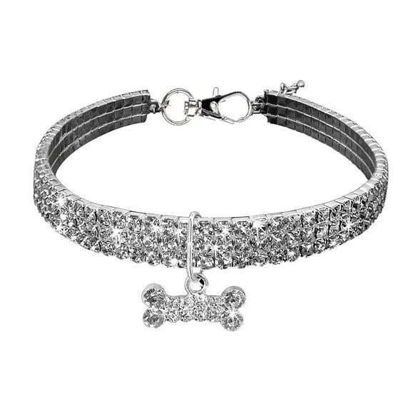 OutmaxHome Bling Dog Necklace, Glitter Crystal Rhinestone Puppy Collar Silver Chain Jewelry Diamond Cat Collars with Bone Pendant