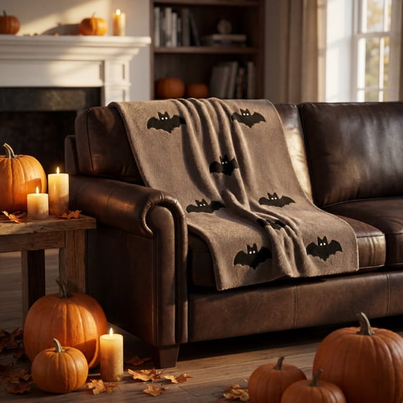 OutmaxHome Cartoon Bat Print Flannel Throw Blanket, 39.4x59.1 Inch Soft Warm Cozy Blanket, Halloween Farmhouse Home Sofa Decor