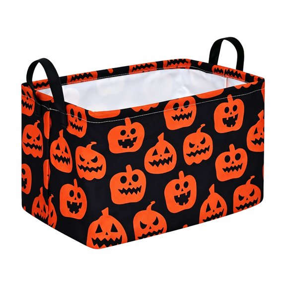 OutmaxHome Collapsible Halloween Theme Pattern Storage Basket, Sturdy Fabric Organizer with Sew‑on Side Handles, Decorative Storage Bin for Cabinet, Desktop and Holiday‑themed Home Layout