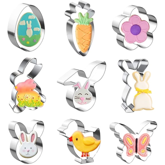 OutmaxHome Easter Cookie Cutters Large Set of 9 - Egg, Chick, Carrot, Rabbit, Bunny Face, Butterfly Shapes - Stainless Steel Biscuit Molds for Spring Holiday Baking