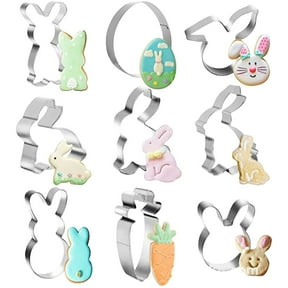 OutmaxHome Easter Cookie Cutters Large Set of 9 - Egg, Carrot, Rabbit, Bunny Face Shapes - Stainless Steel Biscuit Molds for Spring Holiday Baking