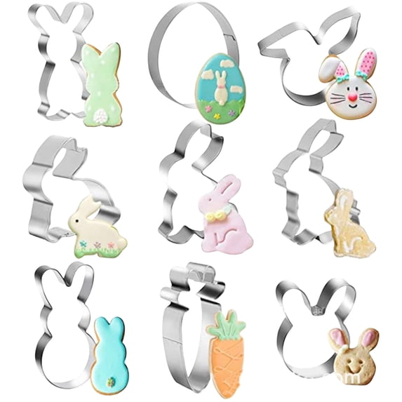 OutmaxHome Easter Cookie Cutters Large Set of 9 - Egg, Carrot, Rabbit, Bunny Face Shapes - Stainless Steel Biscuit Molds for Spring Holiday Baking