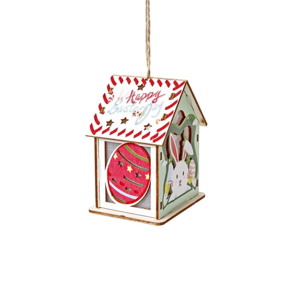 OutmaxHome Easter Decorative Glowing House Ornament Wooden Hanging Easter Decorations for Indoor Outdoor Party Supplies