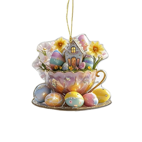 OutmaxHome Easter Egg Bunny Pendant, Cute 2D Flat Acrylic Hanging Ornament, Cartoon Easter Pattern Decoration for Livingroom, Holiday Party, Window, Wreath