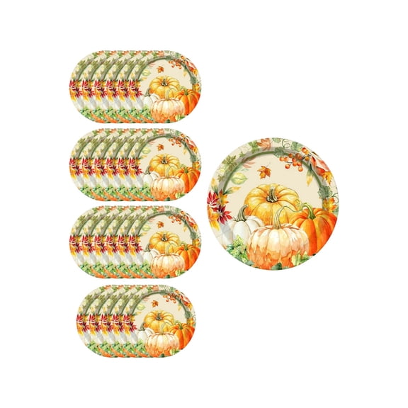 OutmaxHome Fall Pumpkin Theme Disposable Tableware Set, 24 Pcs 7 Inch Paper Plates, Autumn Thanksgiving Halloween Party Supplies
