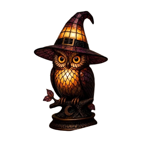 OutmaxHome Halloween Wizard Owl Lamp, Stained Glass Mosaic Style Owl Table Light, Retro Owl Night Lamp