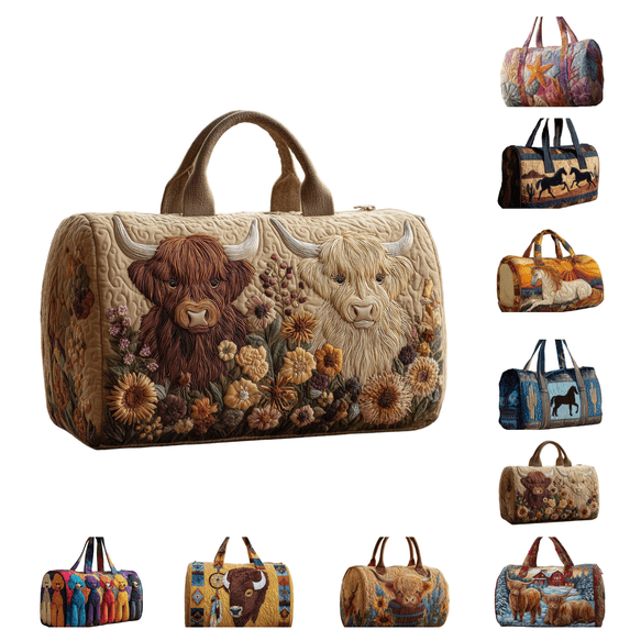 OutmaxHome Highland Cow Quilted Duffle Bag 18x9x9 Inch,Retro Large Capacity Quilted Travel Handbag,Portable Tote for Travel,Gym,Beach & Weekend Getaway,2 Sizes(Medium & Large)