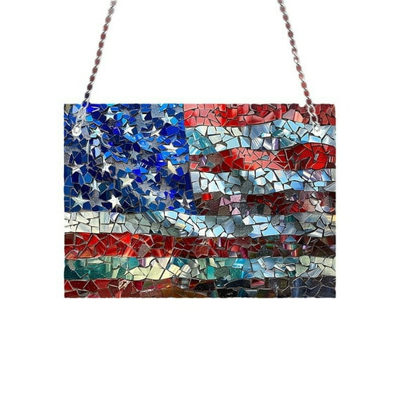 OutmaxHome Independence Day Patriotic Stained Window Hanging Decor 4th of July American Flag Suncatcher Ornaments Red White and Blue Window Panel Art Crafts Decorations for Home Door Wall Decor