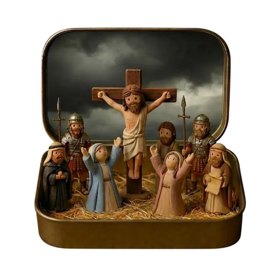 OutmaxHome Mini Religious Easter Nativity Set in a Tin Box, Pocket Size Figure Nativity Scene Decoration Set, Christmas Gift for Friends and Family