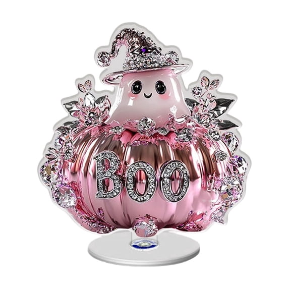OutmaxHome Pink Glitter Halloween Rotating Display 360-degree 2D Acrylic Ornaments, Cute Ghost Pumpkin Standing Decor, Halloween Table Decor