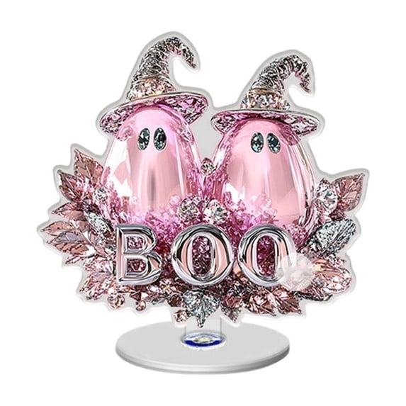 OutmaxHome Pink Glitter Halloween Rotating Display 360-degree 2D Acrylic Ornaments, Cute Ghost Pumpkin Standing Decor, Halloween Table Decor