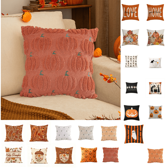 OutmaxHome Tufted 3D Pumpkin Throw Pillow Cover, 17.7x17.7 Inch Soft Knit Cushion Case, Farmhouse‑Style Square Pillow Cover For Fall Harvest Home Accent