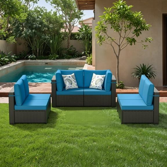 Outoddr Patio Furniture Set 6 Pieces PE Wicker Sectional Sofa Conversation Sets,Blue